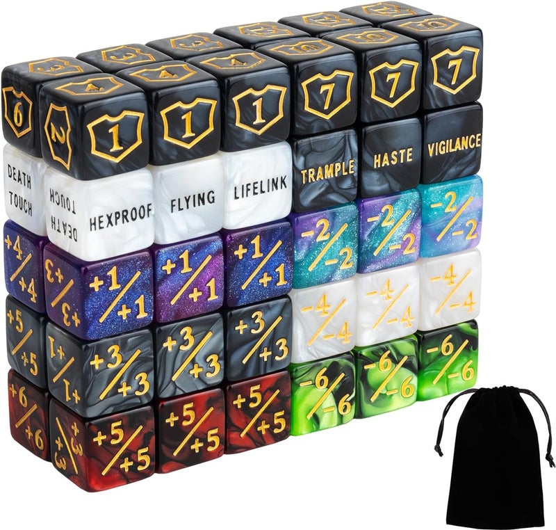 LAMJAM 60 PCS MTG Dice Counters Bulk Ability Keywords Counter 1/+1 Shield Life Buff Tokens 6 Sided Dice Set for MTG, TCG, Cards Gaming Accessories - Image 1